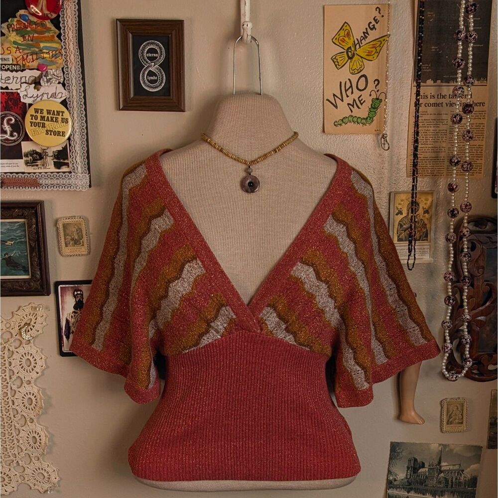 Vintage Striped V-Neck Sweater Women's Small/Medium Orange Short Wide Sleeve